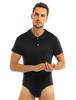 Mens Short Sleeve Turn-Down Collar Shirt One-Piece Leotard Bodysuit Romper Press Button Crotch Pajamas