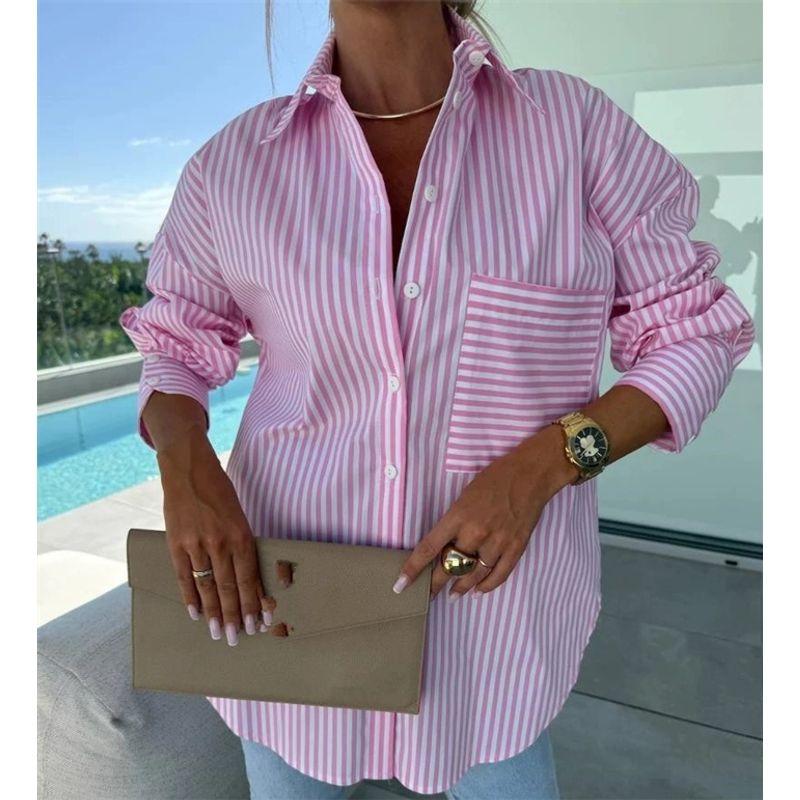 

European and American New Fashion Casual Loose Stripe Long sleeve Shirts Top Loose Striped Shirt Top Pink 2XL