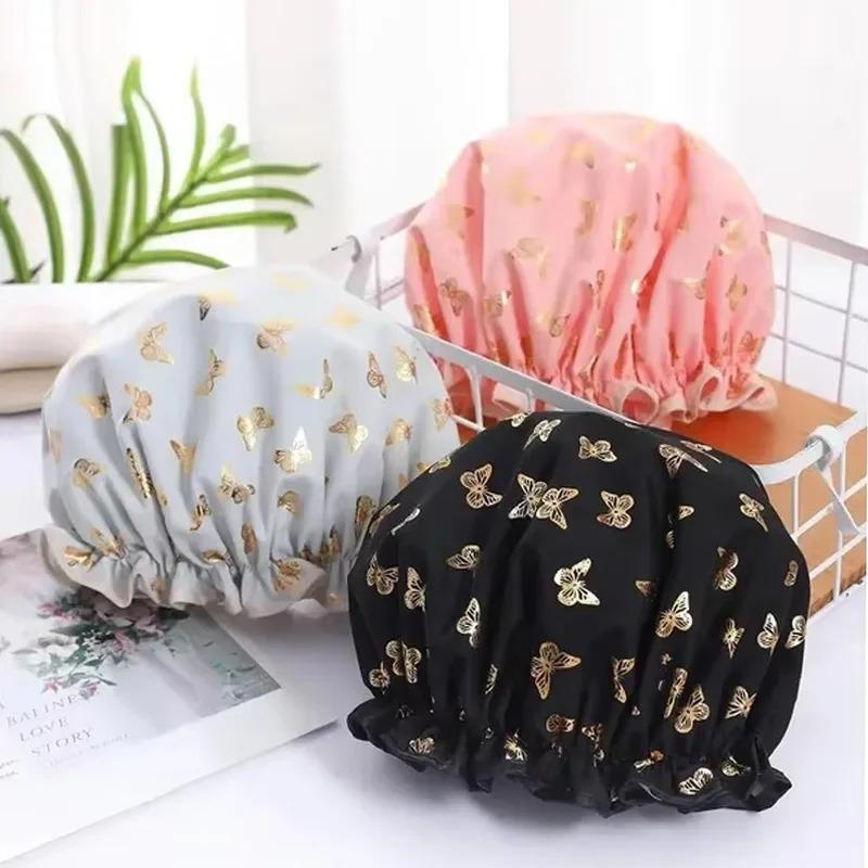 Bathroom Hat Salon Grade Waterproof Shower Cap Double Layer Leopard Print Elastic Reusable Hair Cover Bathing Swimming Travel
