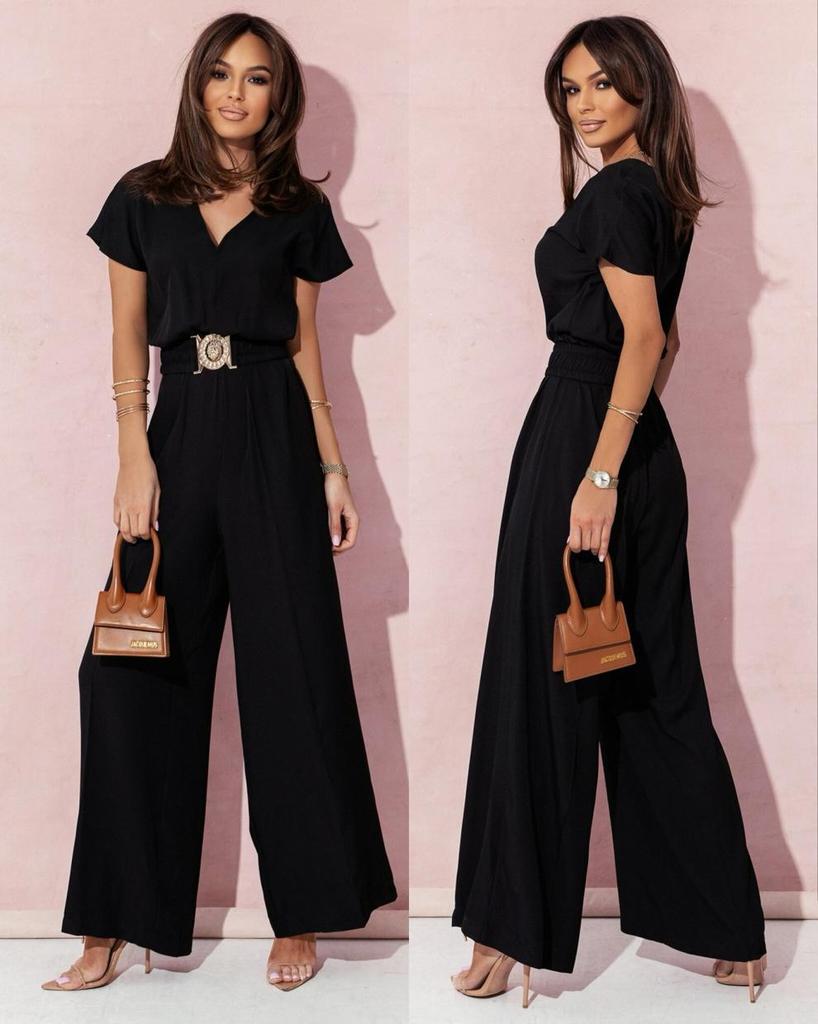2024 Summer V-Neck Wide Leg Short Sleeve Jumpsuit
