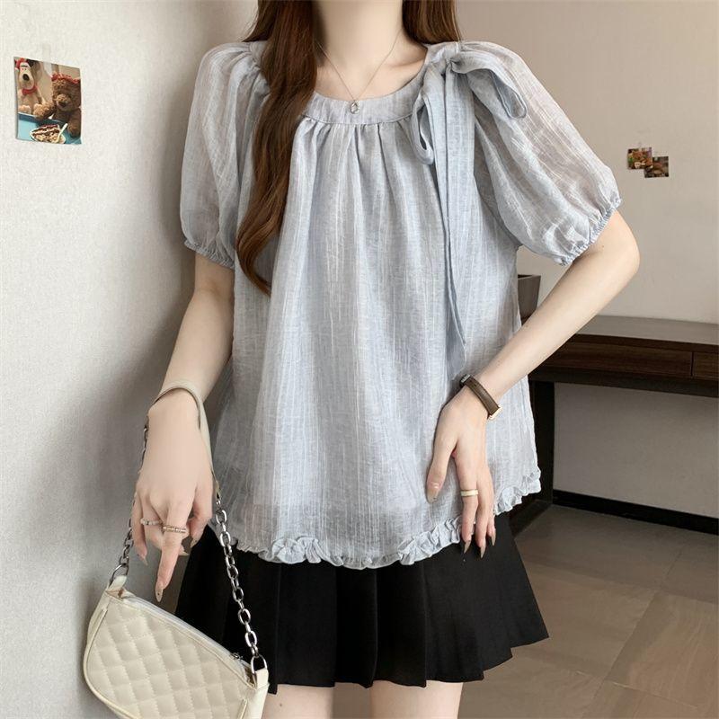 Summer Womens Fashion Solid Color Lace Short Sleeve Shirt with Tie Design Casual Top