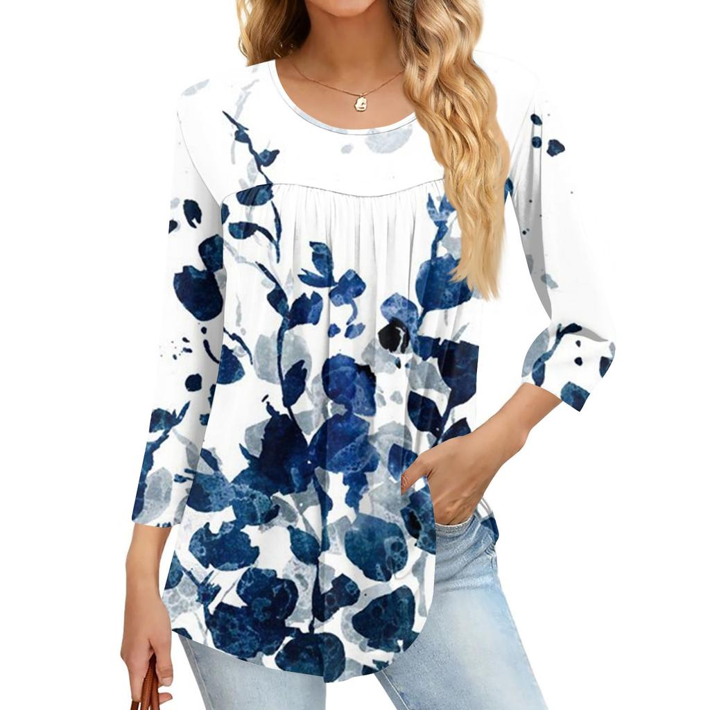 Damenmode Lässiges Dreiviertelarm-Oberteil mit Aufdruck und Rundhalsausschnitt