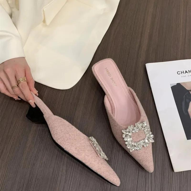 Ladies Shoes Closed Toe Women's Slippers Fashion Dress Slippers Women Crystal Square Button Pointed Toe Low Heel Sandals