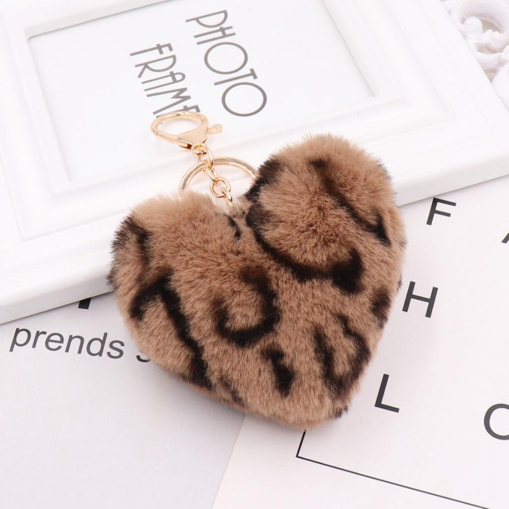 Large Heart Pompom KeyChain for Women Leopard Print Plush Car Keychain Bag Pendant Fashion Jewelry Fluffy Love Pompons Keyring