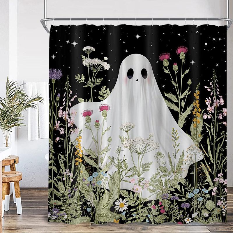 Halloween Shower Curtain Funny Spooky Pumpkin Skull Bat Flower Plant Night Forest Bath Curtains Home Bathroom Decor with Hooks