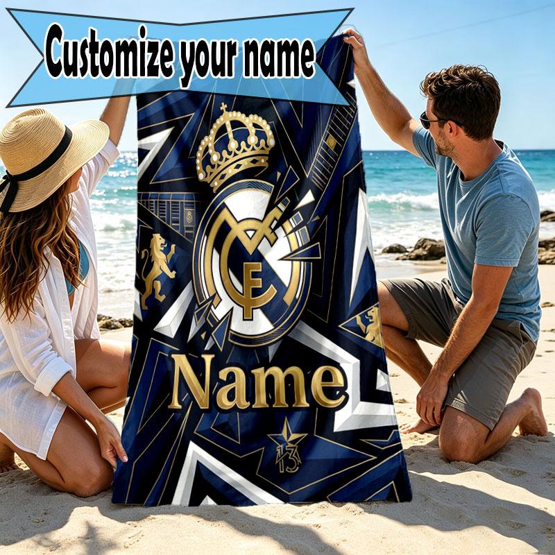 Custom Name Personalized Real Madrid CF Print Beach Towel, for Trip Camping Beach Party Home Decor, Birthday Gift for Family & Friends