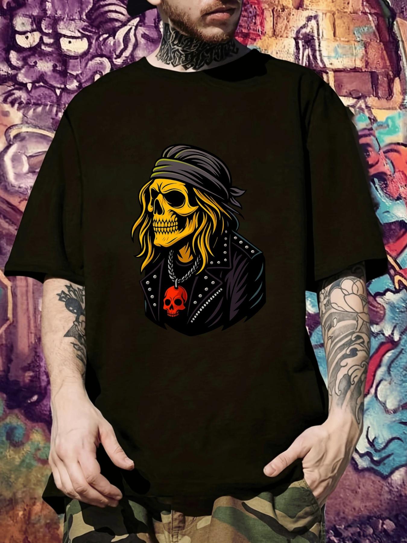 Black Skeleton Skull Graphic T-shirt - Heavy Metal Rock Casual Short Sleeve Tee S
