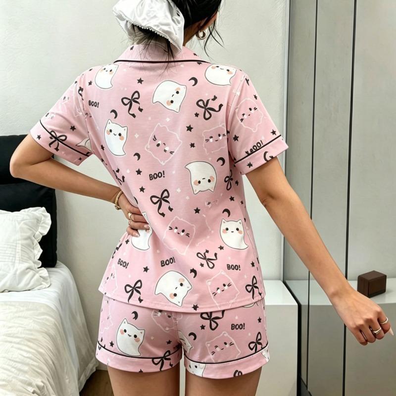 Conjunto de Pijama Casual de Moda Estilo Europeo con Estampado de Hadas, Cuello, Manga Corta y Pantalones Cortos