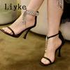 Fashion Liyke 2025 New Fashion Crystal Tassels Woman Sandals Sexy Ankle Zip Cover Strap Rhinestone High Heels Wedding Party Shoes Women