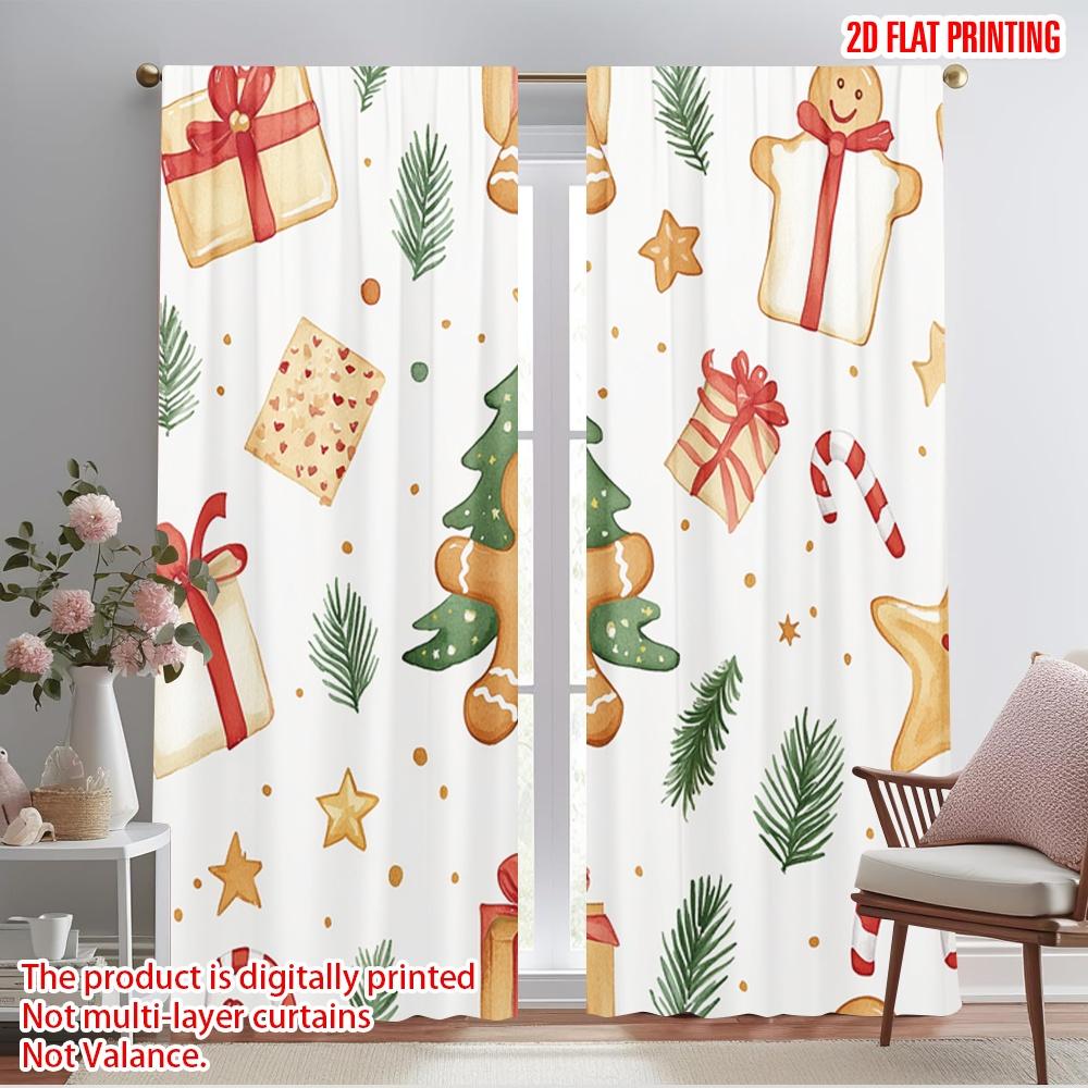 2pcs,2D Plane Printing Curtains Roller Blinds Christmas Tree Gifts Gingerbread Candy 100% Polyester (without Rod) Home Decor for