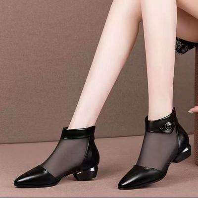 2025 New Spring and Summer New Cool Boots Women's Mesh Women's Sandals Hollow Sandals Thick Heel Pointed Low Heel Net Boots