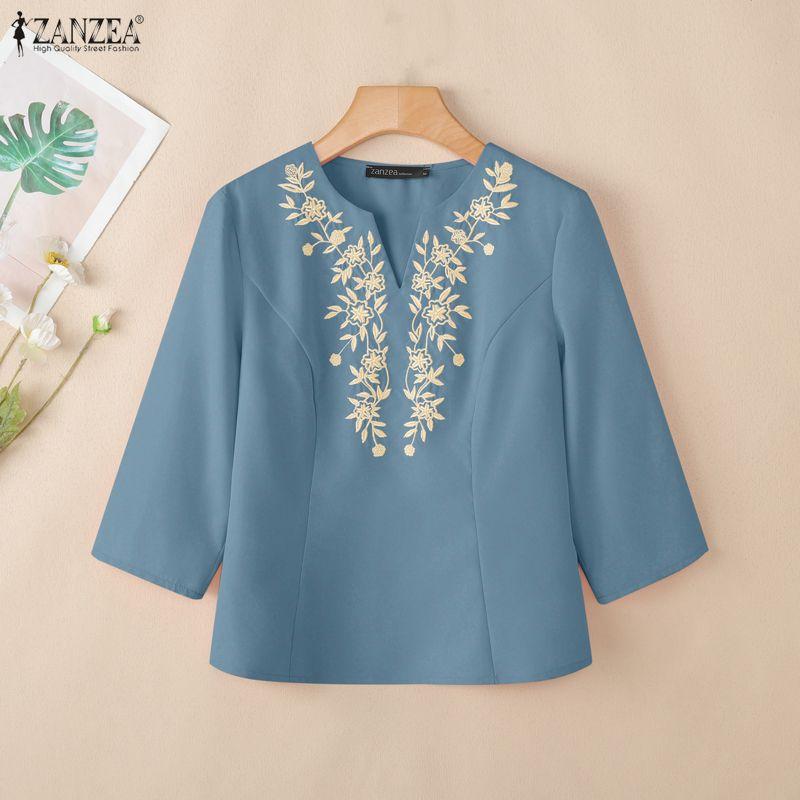 ZANZEA Women Casual Embroidery V-Neck Loose 3/4 Sleeve Blouse