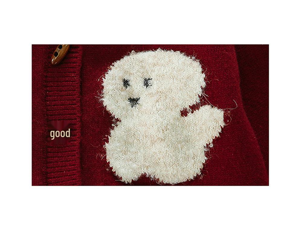 2025 Embroidered Puppy Knit Cardigan for Girls - Trendy Spring/Autumn Sweater