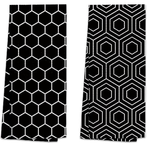 TNUW Черные абстрактные шестиугольники Кухонные полотенца 16x24 дюйма Набор из 2 шт., Повторяющийся узор Декоративные полотенца для рук, Черно-белые кухонные полотенца, Современные чёрный