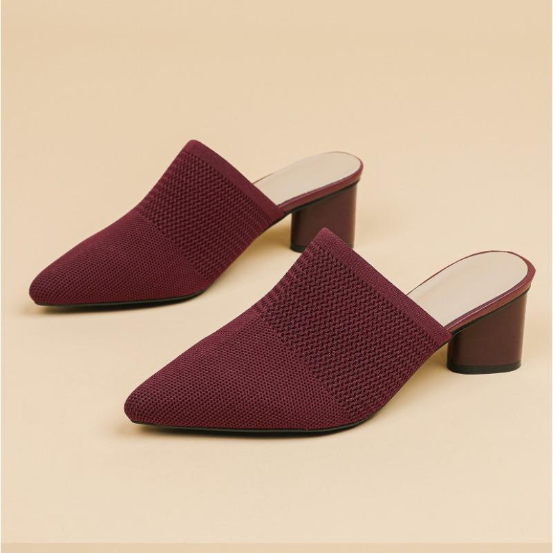 Damen Spitz Gestrickte Hohe Absätze Schuhe Sommer Hausschuhe Elegante Klobige Hohe Absätze Baotou Solide Damenschuhe Weibliche Sandalen