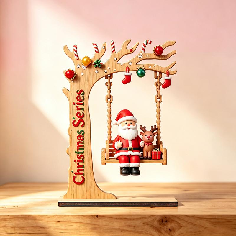 Wooden Christmas Santa Claus Swing Ornament With Moon Framed And Festive Details Perfect For Home Tabletop Xmas Decor