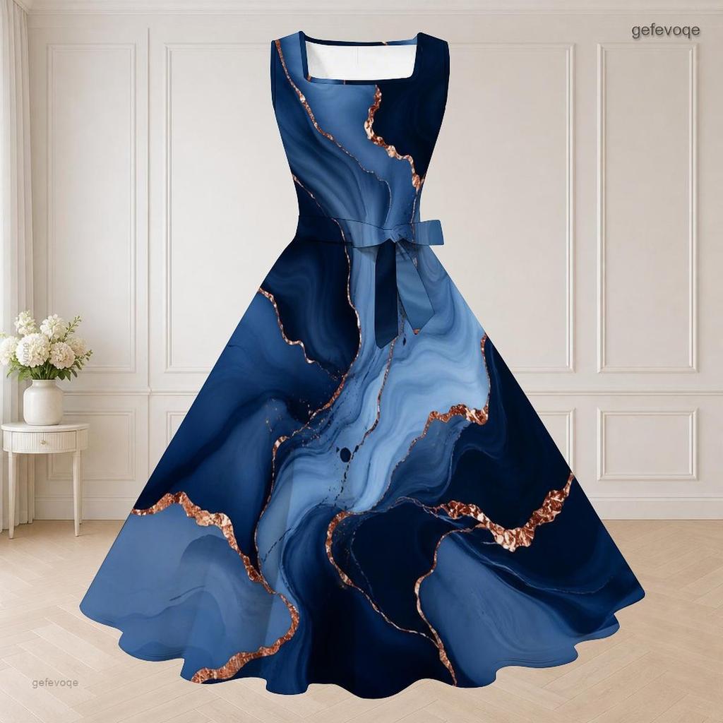 Women Plus Size Printed Two Piece Set Square Neck Sleeveless Tie Waist Flared Dress Short Sleeve Cropped Shrug