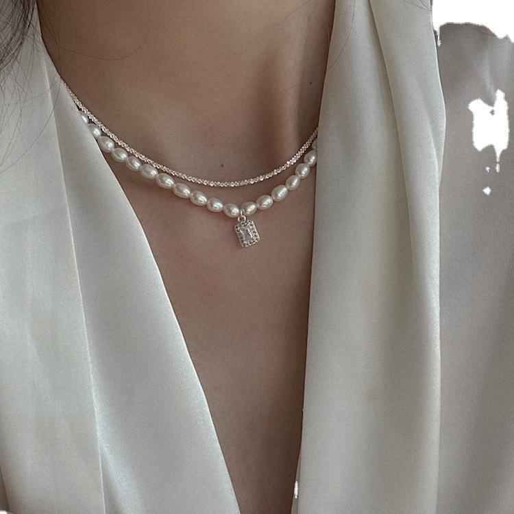 Korean Versatile Neck Chain Collarbone Chain French Retro Water Drop Zircon Freshwater Pearl Necklace