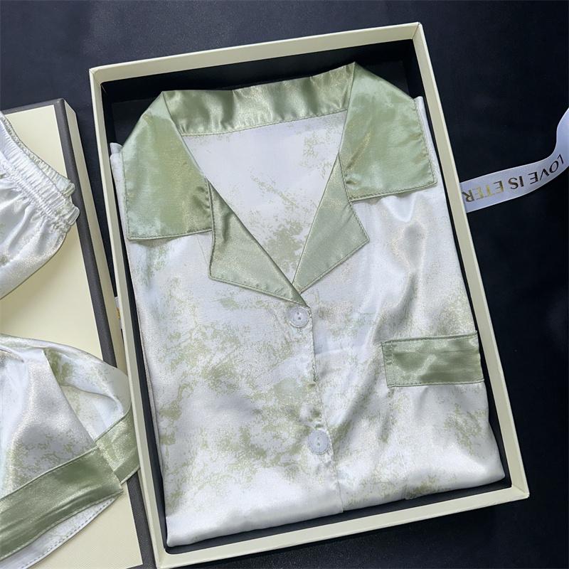 Women's 2 Piece Pajama Set Summer Green Sandpainting Print Faux Silk Two-Piece Set Home Clothes Soft Casual Pajamas Shorts