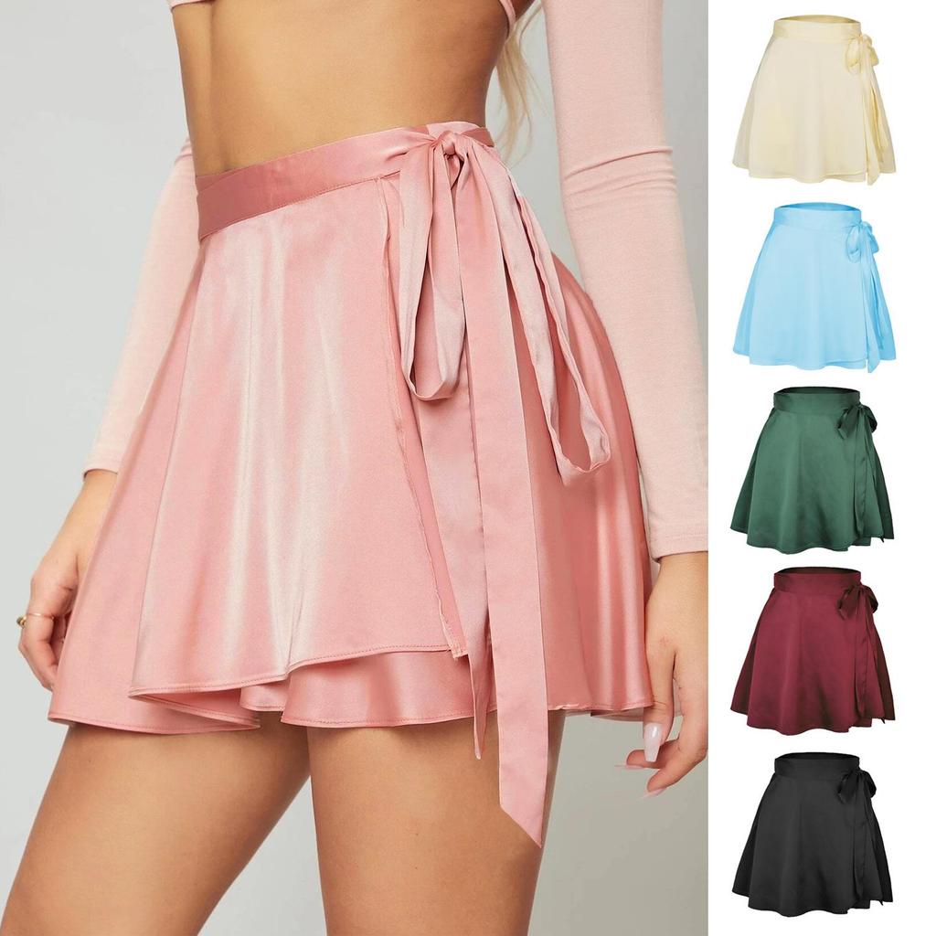 Einfarbiger Rock mit hoher Taille, modischer, einteiliger Schnür-Kurzrock, Chiffon-Satin-umwickelter Minirock