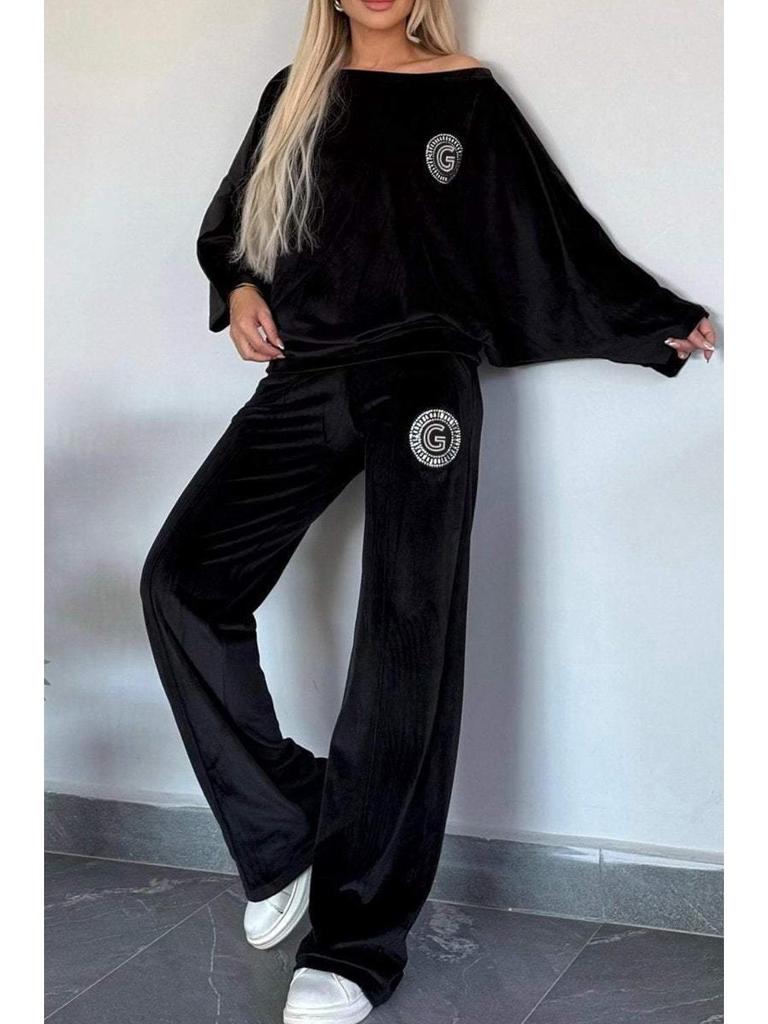 2024 Trendy Dames Goud Fluweel Vleermuismouw Tweedelige Set - Herfst/Lente