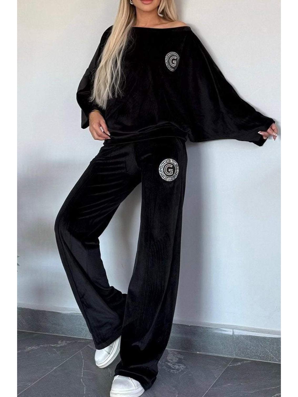 

Трендовий жіночий велюровий костюм-двійка золотого кольору з рукавами «летюча миша» - Осінь/Весна 2024 M чорний