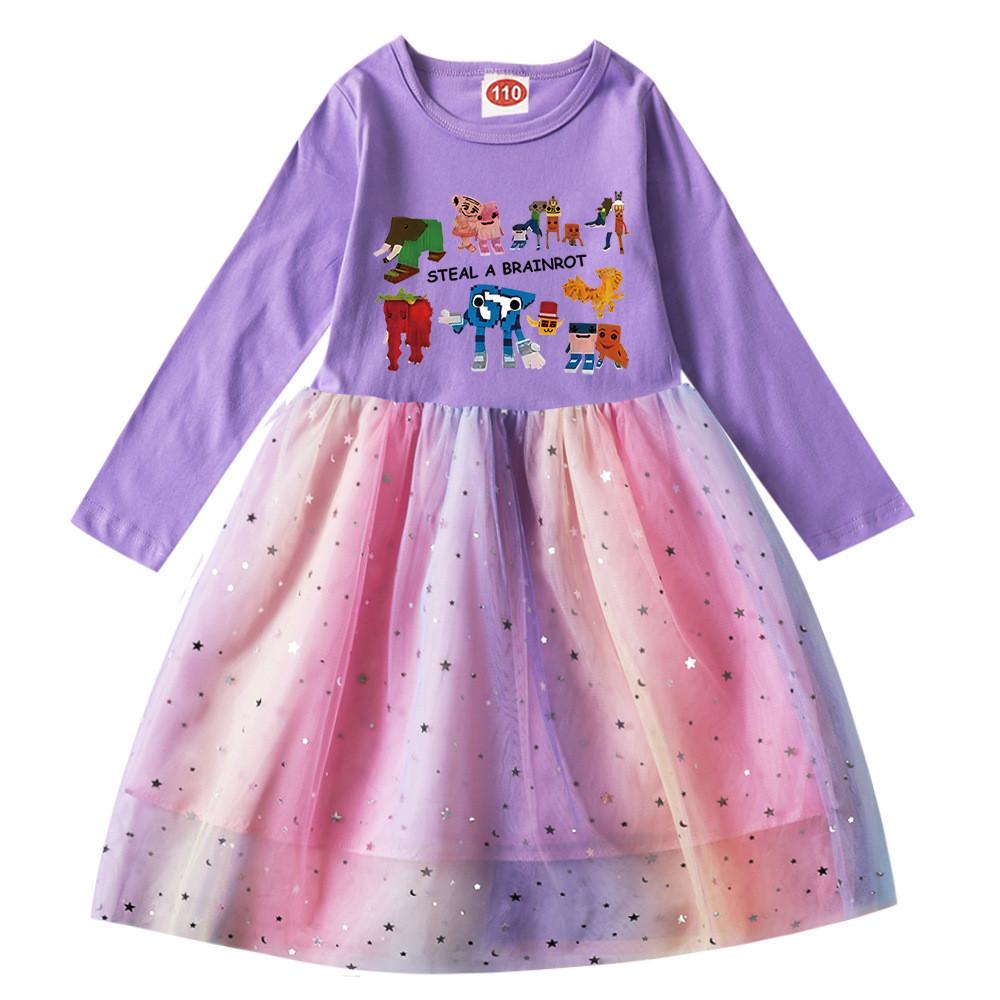9191 Kids Girls Steal a Brainrot 67 Six Seven Print Long Sleeves Cotton Casual Sequins Rainbow Dress