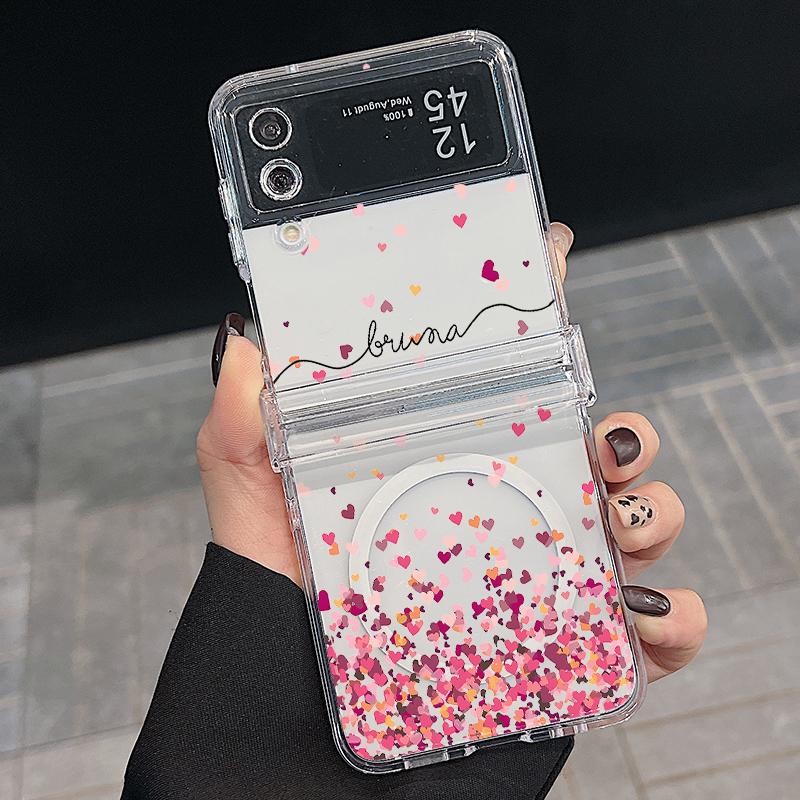 3PCS Foldable Shockproof Case for Samsung Z Flip6 Flip5 Flip4 for Magsafe Magnetic Colorful Love Hearts Pattern Clear Hard Pc Slim Case Cover