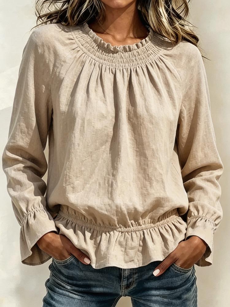 Women's Casual Color Long Sleeve Ruffle Blouse with Round Neck
