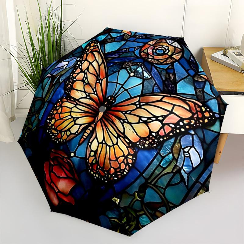 1PC Butterfly StainedGlass Automatic Folding Umbrella Portable Collapsible 8-Rib Umbrella for All Seasons, Casual Outdoor Accessory, A01
