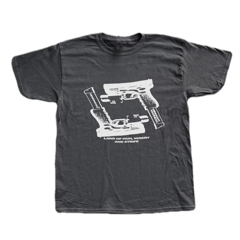 Men Punk Rock Gun Harajuku Aesthetics Graphic Print Cotton T-shirt Goth Streetwear Short Sleeve Tee Loose Retro Hip Hop Tops