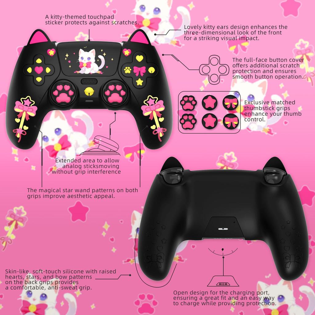 Silikon-Schutzhülle für PlayVital Sweetheart Kitty PS5-Joystickkappe und Aufklebergriff, auch kompatibel mit offizieller Ladestation, Schwarz