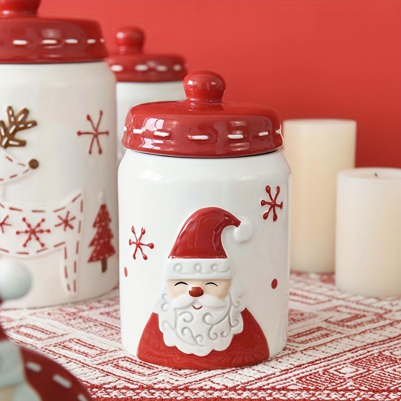 Nordic Christmas Ceramic Cookie Jar, Santa & Reindeer Design, Flip Top Lid, Holiday Gift & Snack Storage. Hand Wash Only.