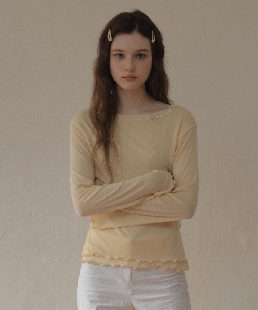 Aueonoseuteljia Button Boat Neck Wave T-Shirt_Light Yellow(O25-Tp20)