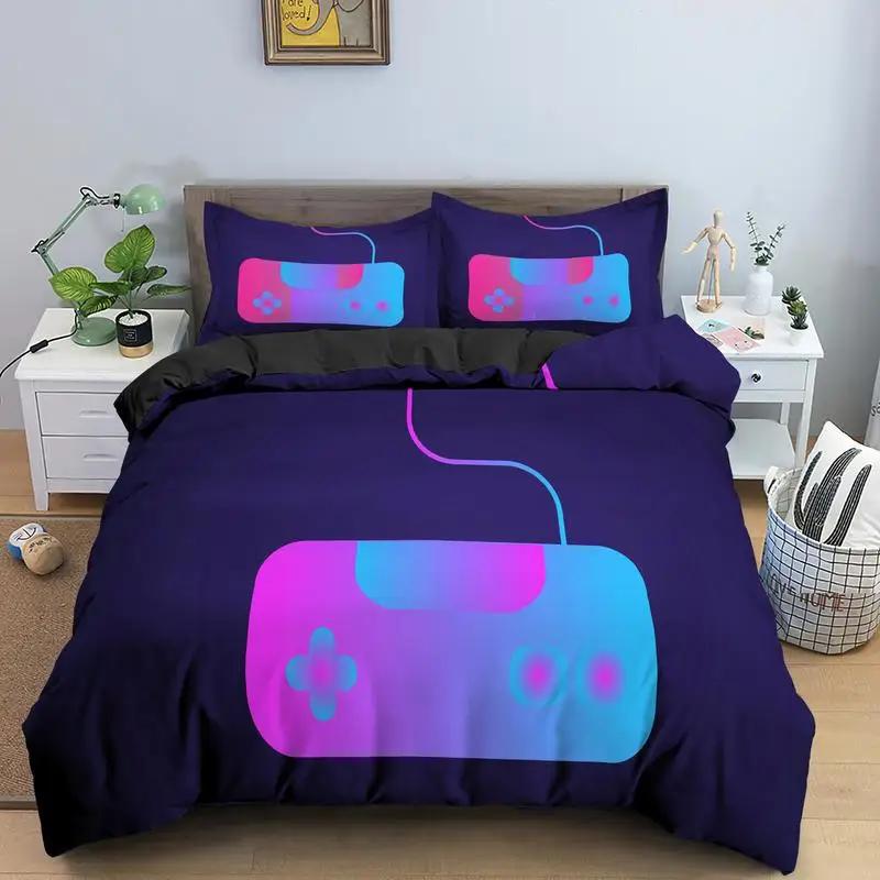 Gaming Gamer Duvet Cover Set Gamepad Bedding Set,Video Game Comforter Cover Neon Gamepad Geometry Brick Wall Design Quilt Cover