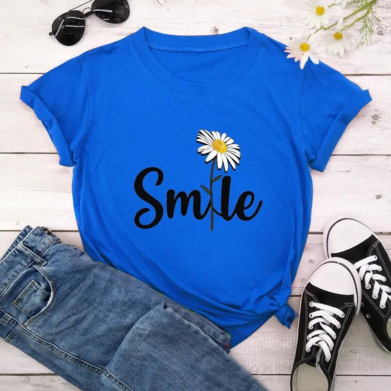 Women T Shirt Smile Daisy Print Tshirt Women Short Sleeve O Neck Loose T-shirt Ladies Summer Causal Tee Shirt Clothes