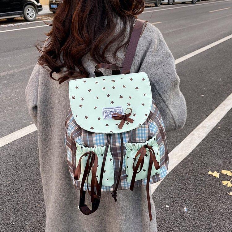 Schoolbag Harajuku College Style Ribbon Bow Japanese Strap Backpack Fashion Star Double Pocket Large Capacity Hong Kong Style Backpack