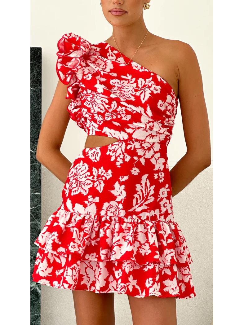 

Летнее повседневное короткое платье с оборками и открытыми плечами - Стиль 68502 M красный