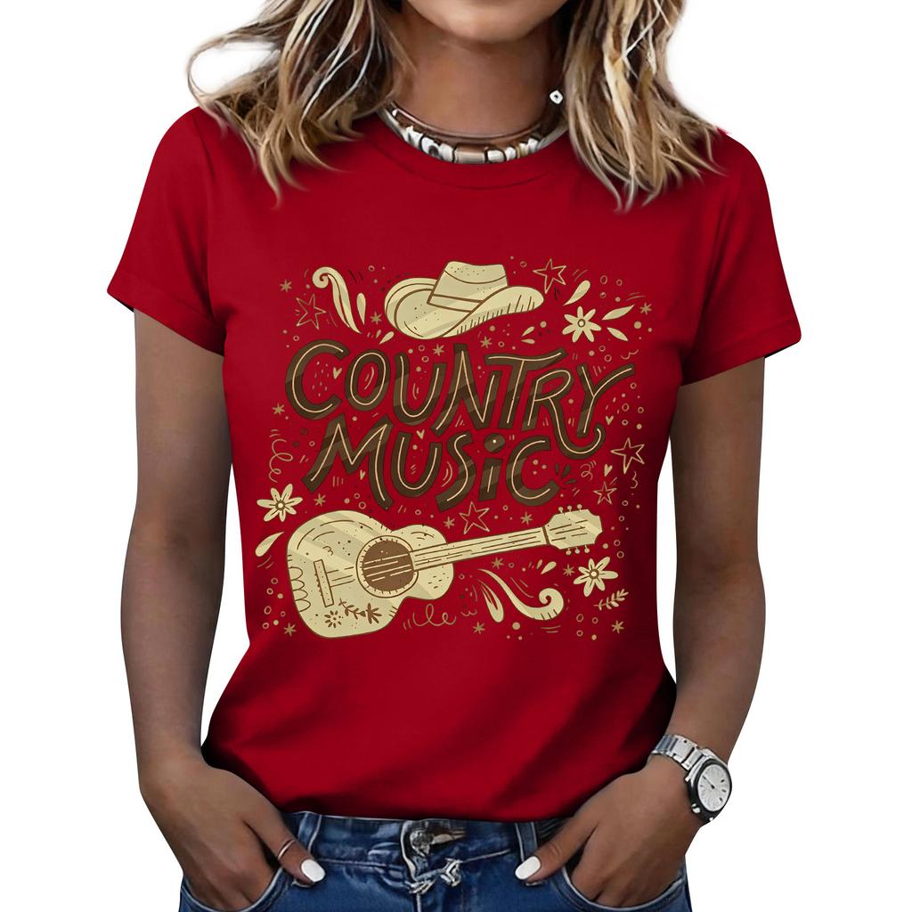Women's Fashionable Casual Music Festival Print Round-Neck Short-Sleeve T-Shirt