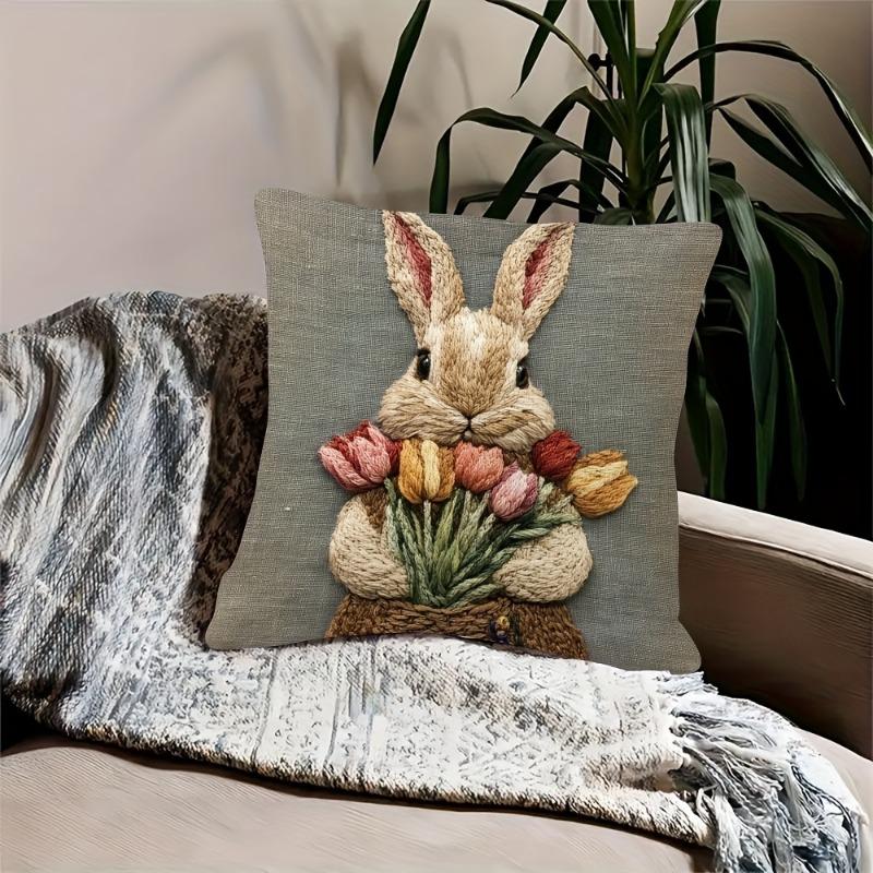 Rabbit With Tulips Throw Cushion Covers Chair Living Room Pillowcase Cozy Zipper Sofa Pillow Covers Bedroom Indoor Home Decor