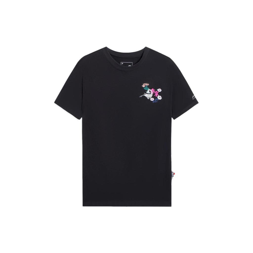 Li Ning Sports Trend Series Enlightenment Floral Pattern Printed Round Neck Short Sleeve T-Shirt Women Tops Black AHSS314-2