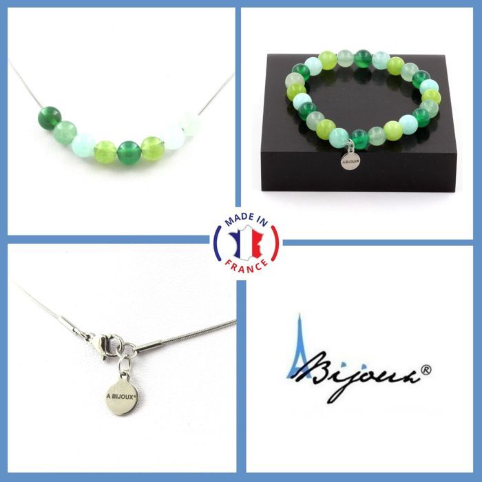 Pierres et Minéraux. Parure Bracelet Collier perles Agate verte + Aventurine + Péridot + Taille personnalisable.