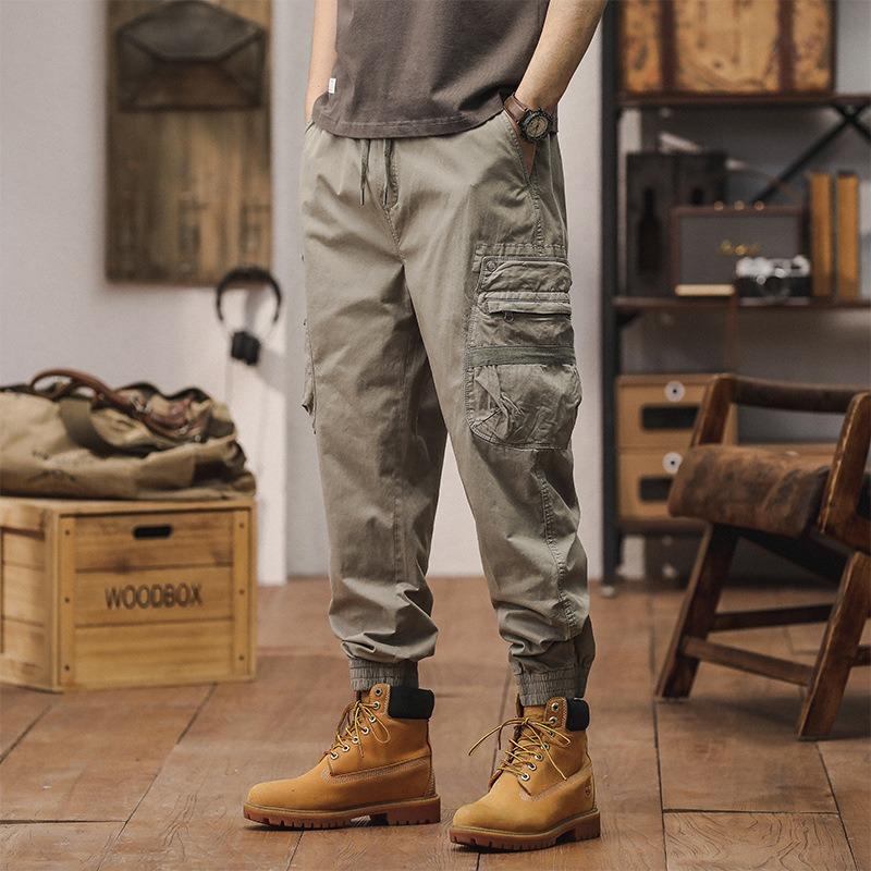 Trendy Brand Retro Casual Overalls Men's Autumn and Winter Elastic Versatile Multi-pocket Tied Feet Harlan Pants Men's Solid Color Washed Pants