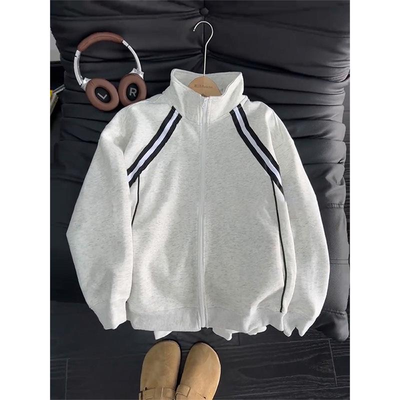 Men s Striped Patchwork Stand Collar Hoodie, Autumn Heavyweight Baseball Jacket, College Sports Style XXL