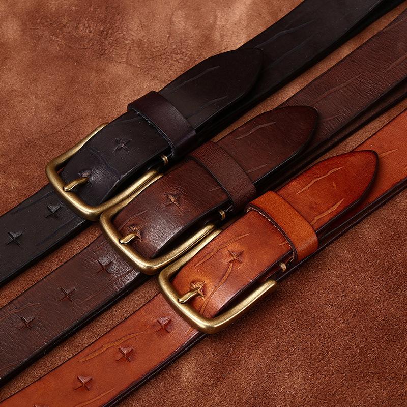 Men's Leather Belt Full Hole Vintage Distressed Knife for Handcraft Cut Genuine Leather Fashion Personality Trend First Layer Cowhide Belt