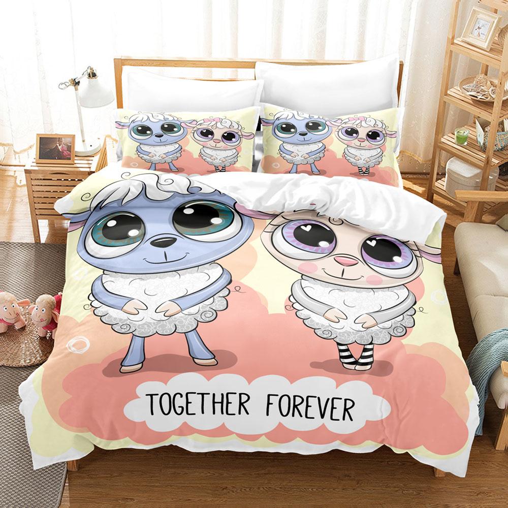 Cartoon Sheep Duvet Cover Set Cute White Sheep Flowers Pattern King Queen Full Size For Kids Boy Girl Gift Polyester Bedding Set