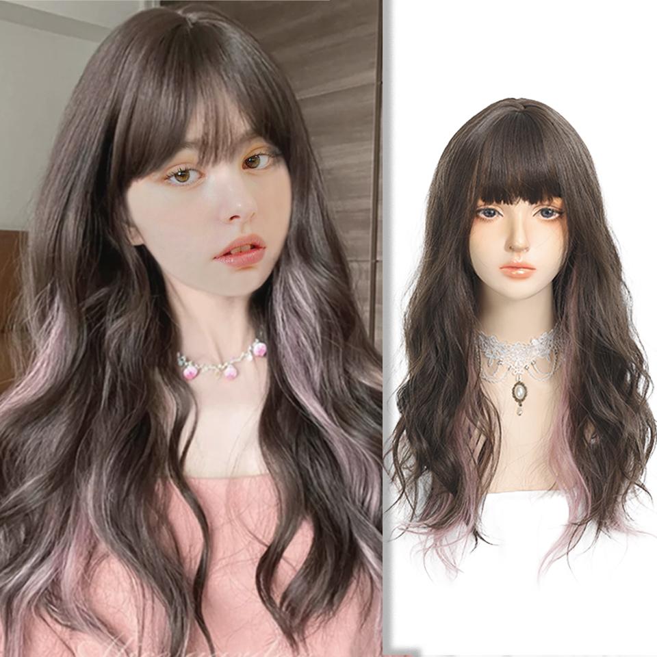 

WTB Синтетический парик Большая волна Розовый висячий парик с окрашенными ушками Женская атмосфера Красота Длинный парик с большой волной 60CM