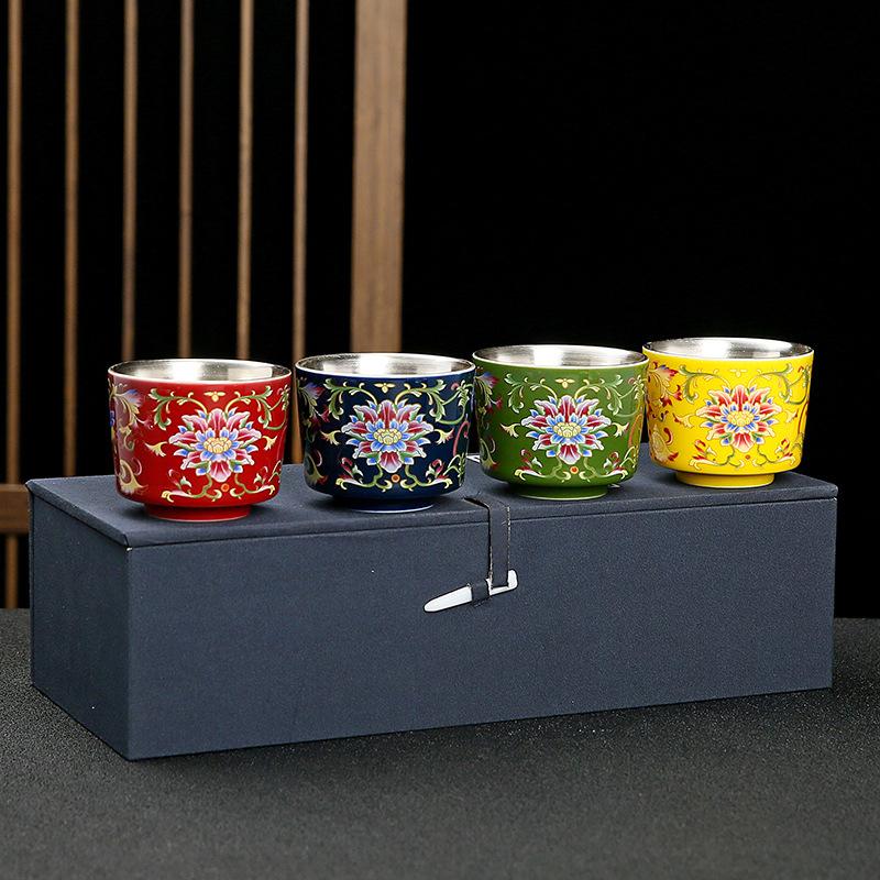 Bol de Ceai Kung Fu Pur 999 Culoare Emailată Ceramică Degustare Handmade Placat cu Argint Maestrul Cana Unică Cutie Cadou