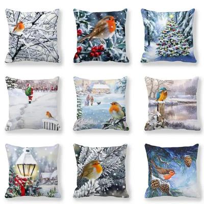 Winter Snowscape Cushion Cover Santa Christmas Tree Animals Squirrel Printed Pillowcase Holiday Decorative Pillow Cover 40x40 Cm