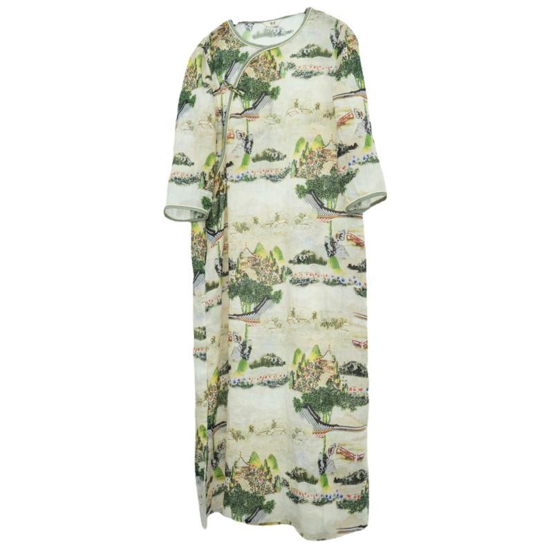 

Johnature женское винтажное льняное платье с цветочным принтом, весеннее женское платье с семью рукавами в китайском стиле L зелёный